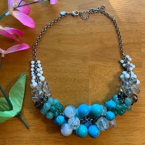 Lia Sophia chunky beaded necklace with large clusters of aqua-tone beads, 18 in